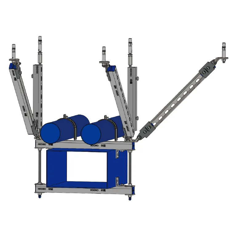双方向ブレースを備えた統合システム、耐震パイプが Unistrut 溝付きチャネル関節式ストラットをサポート